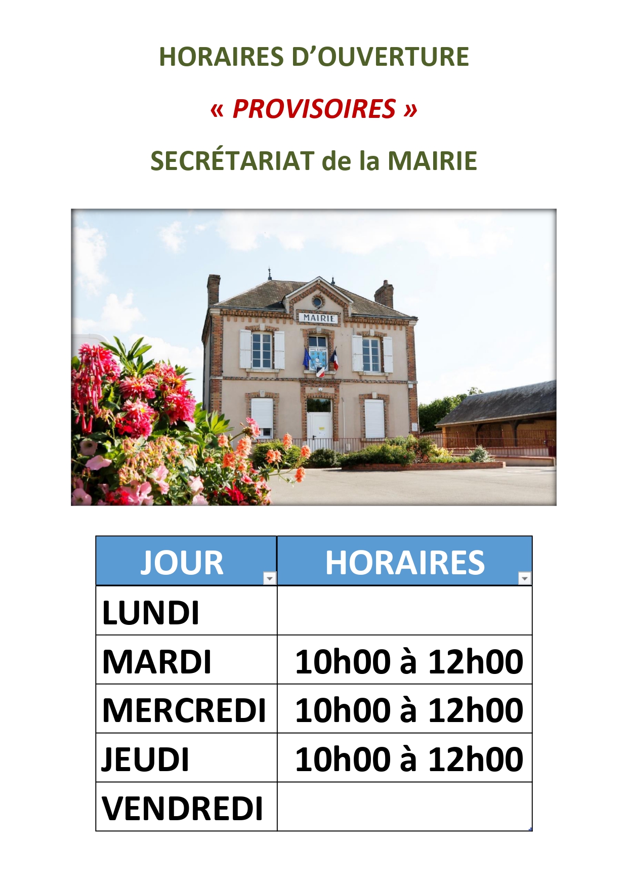 horaires de la Mairie